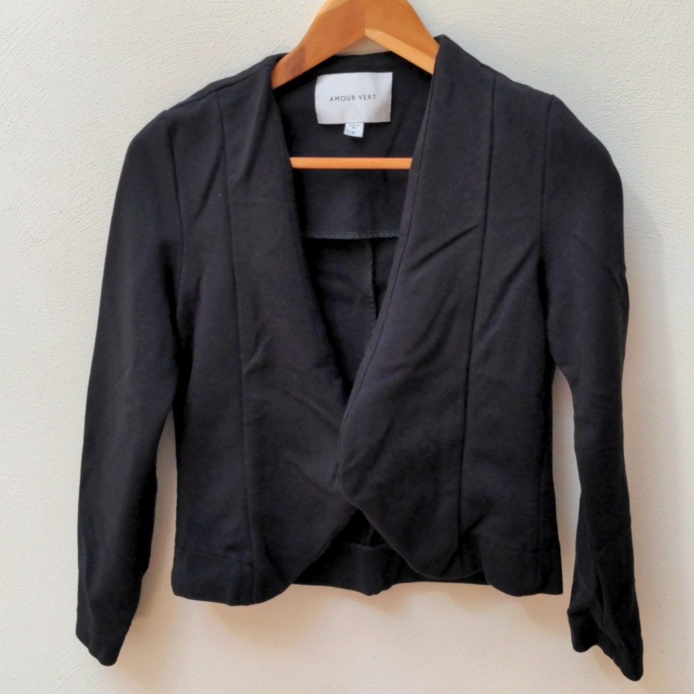 Amour Vert Blazer Women Black Cotton Modal Stretch Open Front Jacket Size S